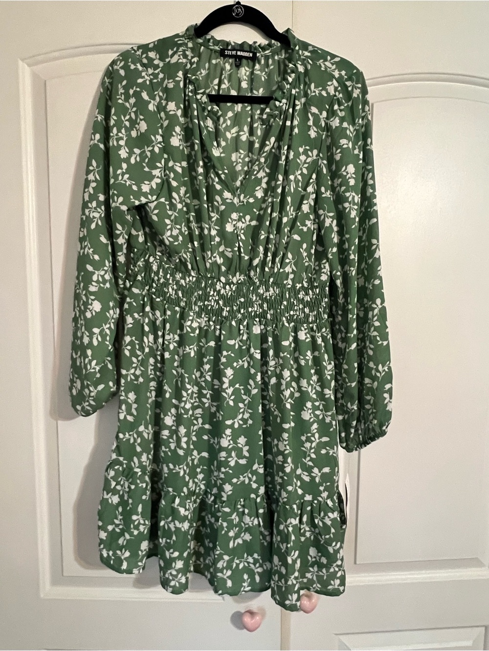 NWT Steve Madden Olive Green Floral Smocked Waist Long Sleeve Dress